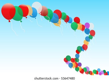 A group of many colored balloons fly high in the sky.
