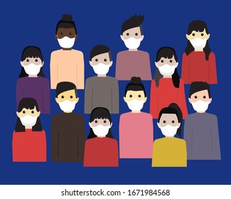 Group of many different people wearing epidemic corona virus protection masks. Social teamwork medical care vector illustration