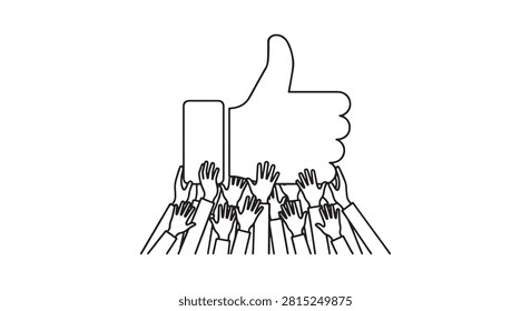 A group of many hands raised up holding a large thumbs up icon representing social media approval and community support.