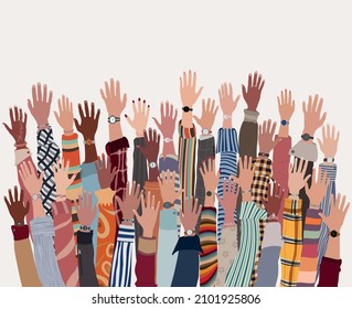 Group of many raised arms and hands of diverse multi-ethnic and multicultural people. Diversity people. Racial equality. Concept of teamwork community and cooperation.Diverse culture.Trust