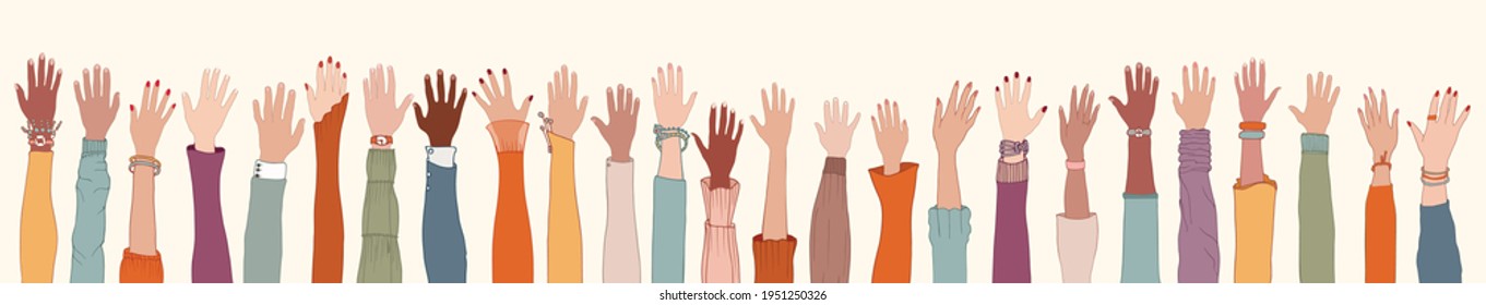 Group of many raised arms and hands.Diversity multiethnic people. Men and women of diverse culture and nations. Racial equality. Coexistence harmony. Multicultural community integration