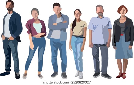Group of many various casual or business people waiting in the line some calm others impatient. Full body length people isolated on white background
