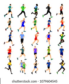 Group of marathon racers running. Marathon people vector illustration. Healthy lifestyle women and man Traditional sport race. Urban runners on the street. Team building concept. Sportsman sport hobby