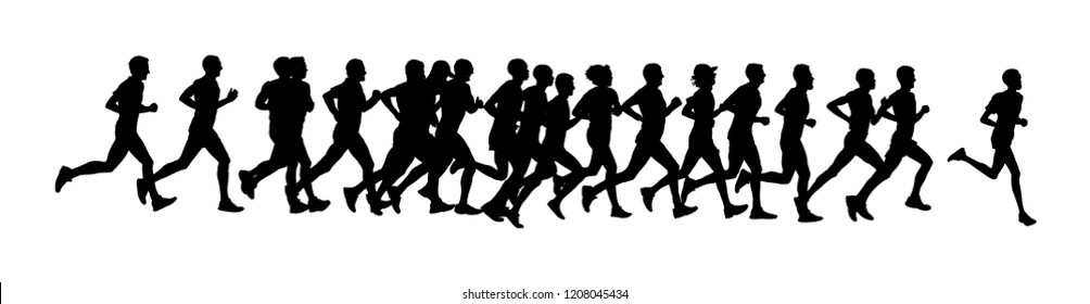 Group of marathon racers running. Marathon people vector silhouette illustration. Healthy lifestyle women and man. Traditional sport race. Urban runners on the street. Team building concept. 