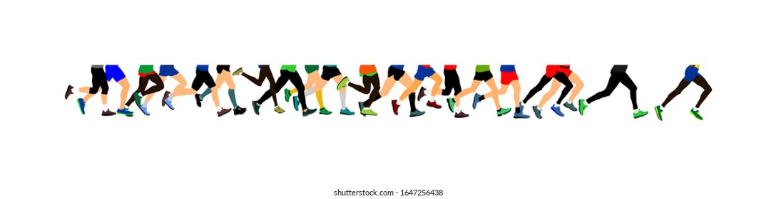 Group of marathon racers running. Marathon people vector illustration. Healthy lifestyle women and man. Sport race. Urban runners on the street. Team building. Sport legs view. persistence concept