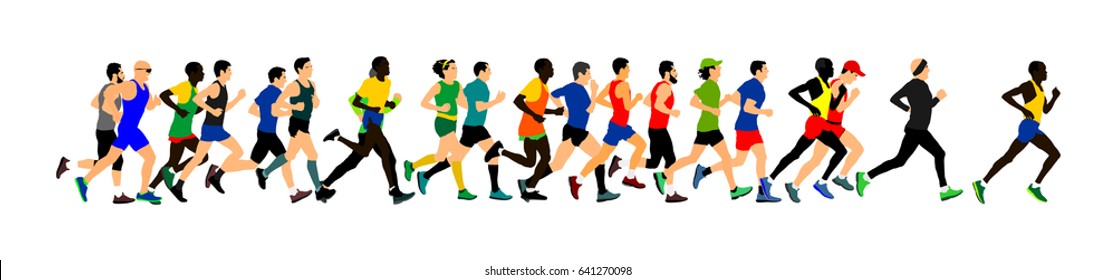 Grupo de maratonistas corriendo. Ilustración vectorial de la maratón. Un estilo de vida sano para las mujeres y los hombres. Carrera deportiva tradicional.  Los corredores urbanos en la calle. Concepto de construcción de equipos Despertar, trabajar