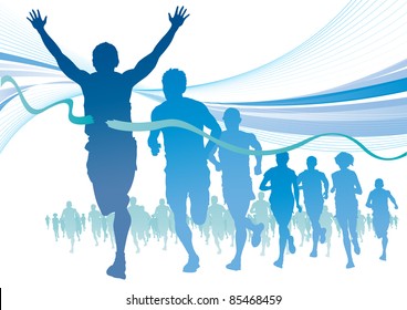 Group of Marathon Runners on abstract blue swirl background.