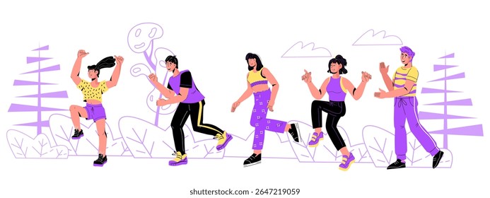 Group of marathon runners, people running in the park, flat vector illustration isolated on white. Running and jogging male and female characters, vector illustration isolated on white background.