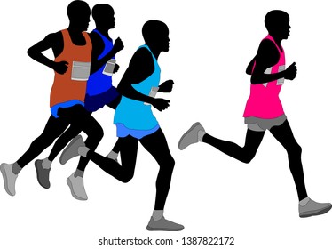 group of marathon runners silhouette - vector