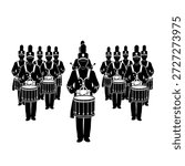 A group of marching band drummers standing in a formation, playing their drums.