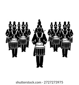 Un grupo de bateristas de la banda de música de pie en una formación, tocando la batería.