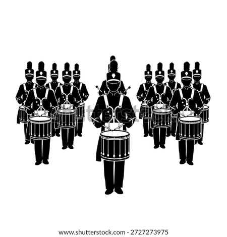 A group of marching band drummers standing in a formation, playing their drums.
