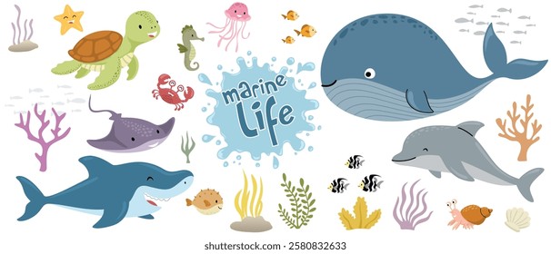 Group of marine animals, vector cartoon illustration