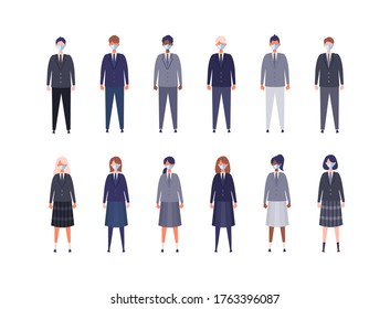 Group of masked students from high and middle school. Vector illustration of boys and girls in uniform of different colors. Isolated graphics.