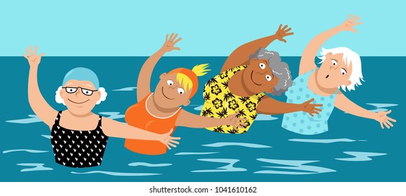 Group Of Mature Women Doing Water Aerobic Exercises, EPS 8 Vector Illustration