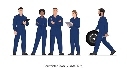 Group of mechanics posing together, car repair and assistance concept, isolated - Powered by Shutterstock - Get 15% off with code: PIKWIZARD15