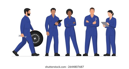 Grupo de mecânicos posando juntos, conceito de reparação e assistência de carro, isolado