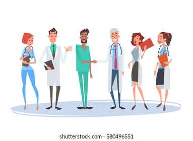 Group Medial Doctors Hand Shake Team Clinics Hospital Flat Vector Illustration