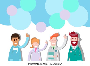 Group Medial Doctors Point Finger To Copy Space Chat Bubble Social Network Communication Concept Vector Illustration