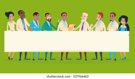 Group Medial Doctors Team Clinic Stuff Hospital Hold Banner Flat Vector Illustration