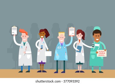 Group Medial Doctors Team Holding Analysis Result Vector Illustration