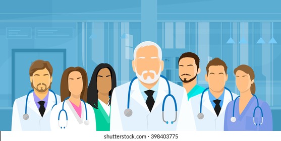 Group Medial Doctors Team Hospital Flat Vector Illustration