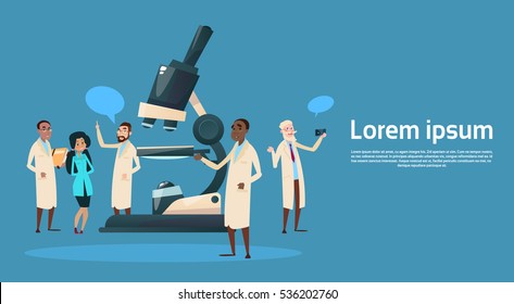 Group Medial Doctors Team Scientist Working Microscope Research Chemical Laboratory Flat Vector Illustration