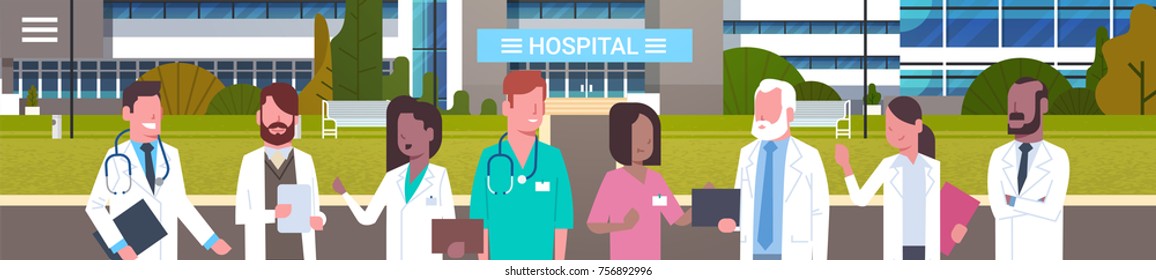 Group Of Medical Doctors Standing In Front Of Hospital Building Exterior Horizontal Banner Flat Vector Illustration