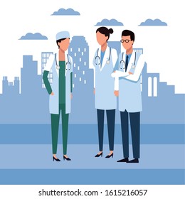Group of medical doctors standing over blue city urban background, colorful design, vector illustration