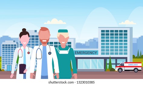 group of medical doctors team in uniform standing together in front of modern hospital building with ambulance car medical clinic exterior cityscape background flat horizontal