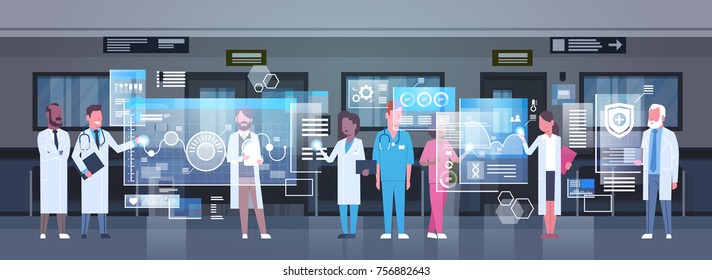 Group Of Medical Doctors Using Digital Monitor Working In Hospital Medicine And Modern Technology Concept Flat Vector Illustration