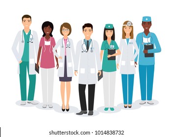 Group of medical people characters standing together in different poses on white background. Doctors and nurses in uniform. Medic clinic advertising banner. Vector illustration