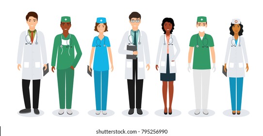 Group of medical people standing together in uniform and different poses. Doctors and nurses on white background. Medic clinic advertising banner. Vector illustration.