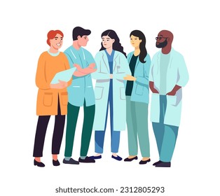 Group of medical people together. Community of doctors, nurses, medic staff. Professional team flat cartoon vector design