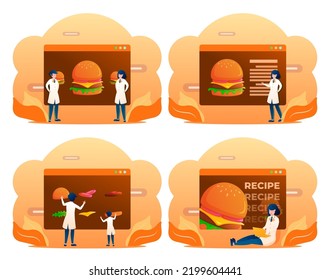 Group of medical personnel or nutritionist in white with the results of junk food research, hamburgur, hotdog, and bun drawing in cartoon character, vector illustration