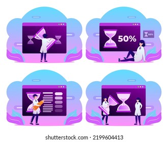 Group of medical personnel in white clothes with time management in cartoon character, vector illustration