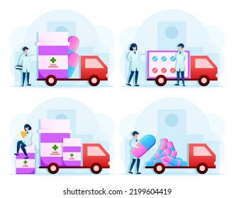 Group of medical personnel in white coat with transfer medical management on ambulance in cartoon character, vector illustration