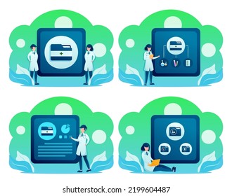 Group of Medical personnel in white coat with chemical equipment, drug production, drug research in laboratory, drawing in cartoon character, vector illustration