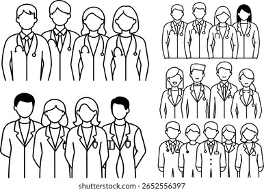Group of medical professionals healthcare team icon set in outline style