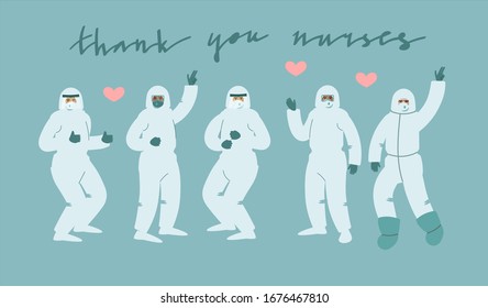 Group of medical professionals in protection suits doing various funny poses for celebration. Vector art in minimal style.