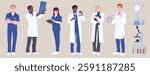 Group of medical professionals in scrubs and lab coats, flat graphic style, on beige background. Concept of healthcare teamwork. Vector illustration