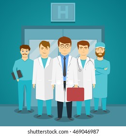 Group of medical specialists in hospital with leading doctor on background of glass doors vector illustration