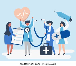 Group of medical staff carrying health related icons