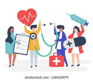 Group of medical staff carrying health related icons