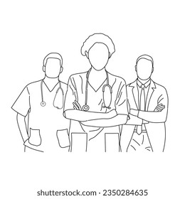 Group of medical staff. Male and Female health workers are isolated on a white background. Medical workers vector line drawing of a team of doctors.