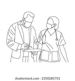 Group of medical staff. Male and Female health workers are isolated on a white background. Nurse discussion with doctors vector line drawing.