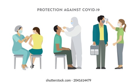 Group of medical staff and patient flat design characters in different action collection. Coronavirus vaccination, nasal swab test, Body Temperature Check