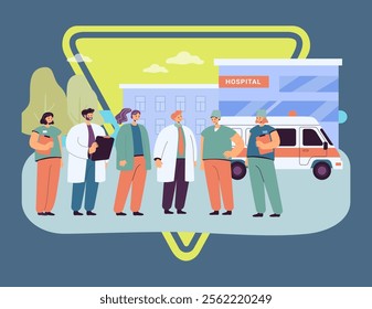 Group of medical staff standing in front of hospital building. Doctors, pharmacists, surgeons or nurses in clinic yard flat vector illustration. Health, medicine concept for banner or landing web page