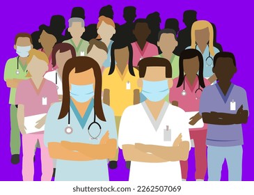 group of medical staff standing up together concept  illustration in rectangular shape