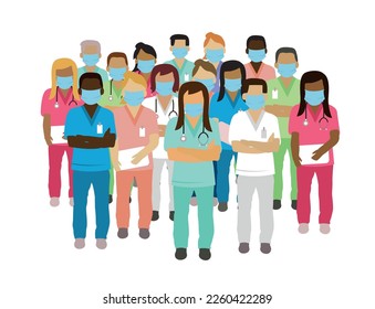 group of medical staff using safety face mask vector safety concept 